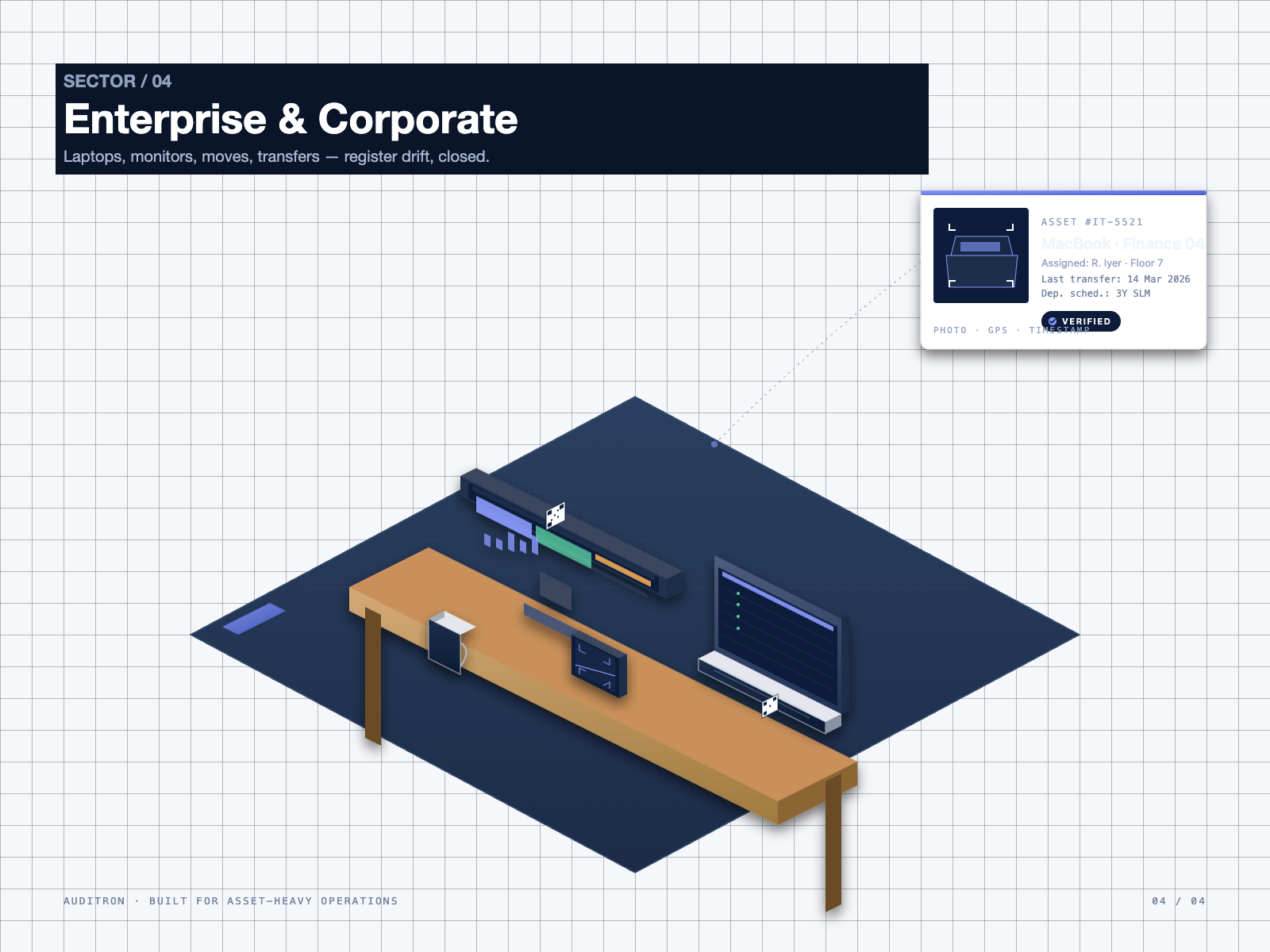 Illustrated corporate office showing laptops, monitors, and an IT asset-tagging workflow in Auditron's dark theme