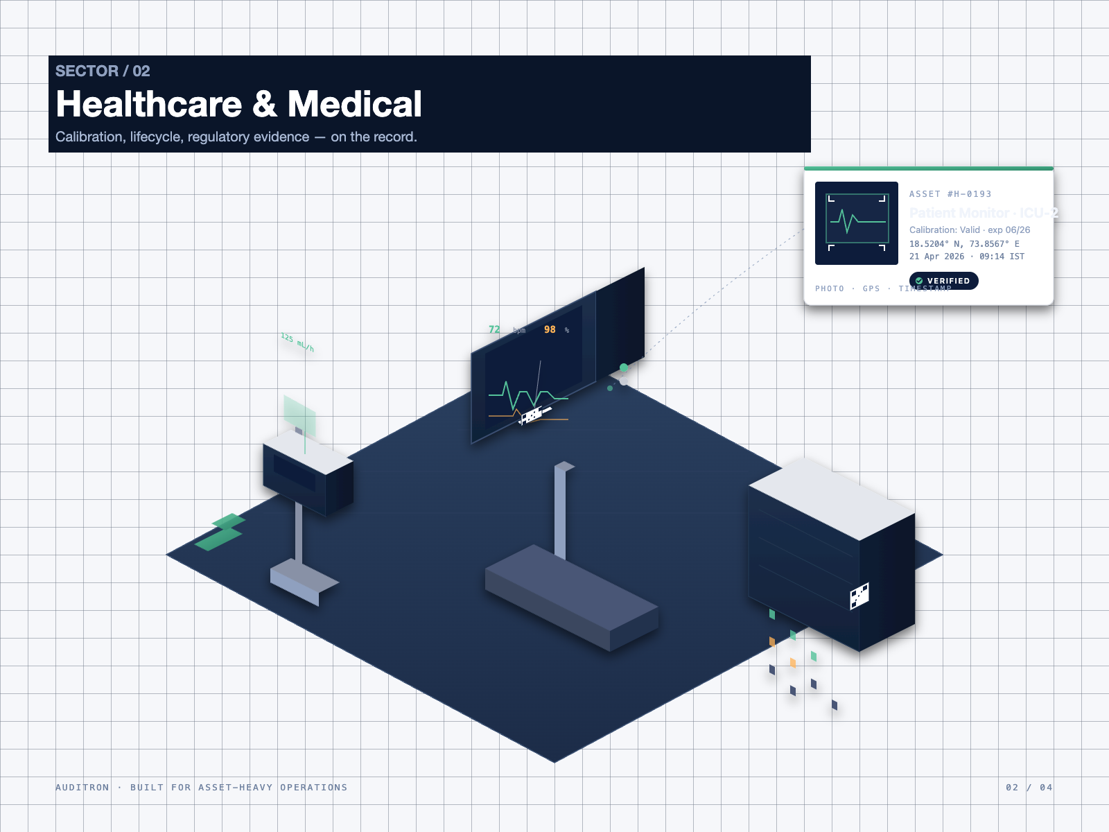 Illustrated hospital equipment room with medical devices and a calibration-log card in Auditron's dark theme