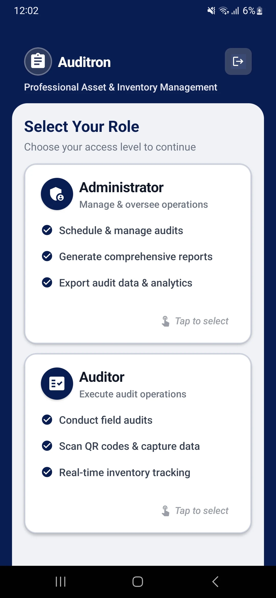 Auditron mobile app - role selection screen for administrators and auditors